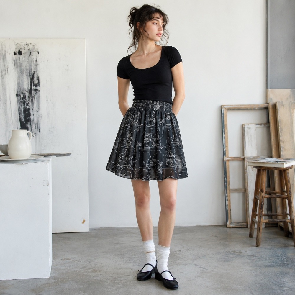 American Apparel Chiffon Mini Skirt Abstract Print Elastic Waist Indie Y2K XS S